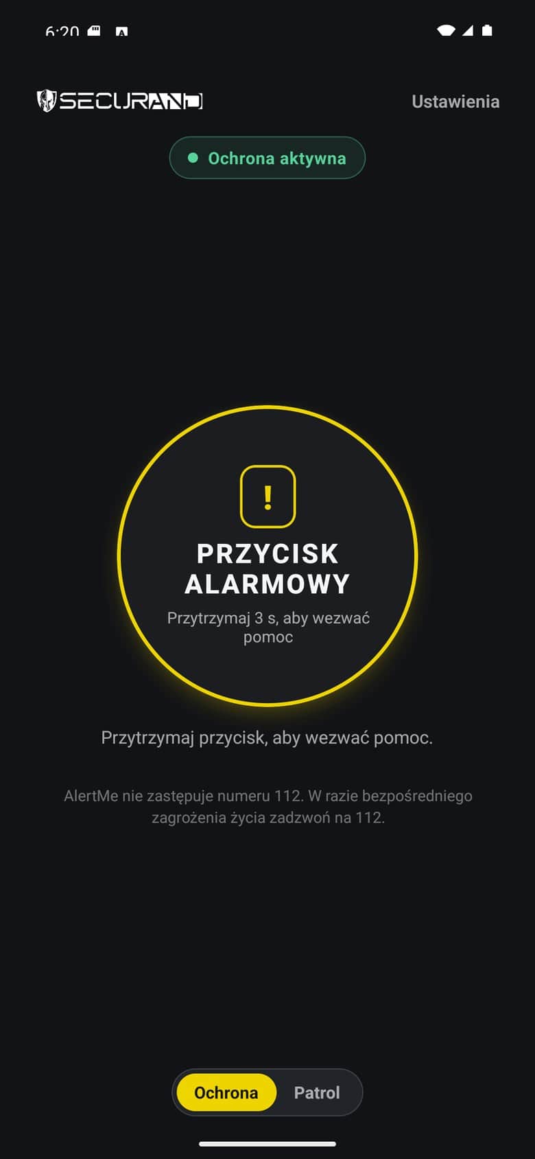 Ekran główny aplikacji: żółty przycisk alarmowy do przytrzymania przez trzy sekundy, informacja o aktywnej ochronie i przełącznik Ochrona lub Patrol