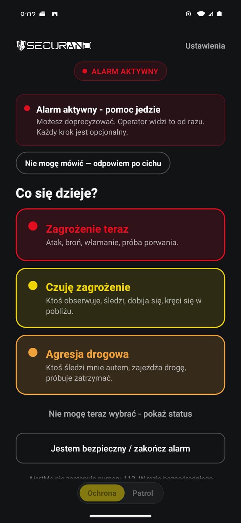 Alarm aktywny: potwierdzenie, że pomoc jedzie, trzy rodzaje zagrożenia do wskazania i przycisk odpowiedzi po cichu