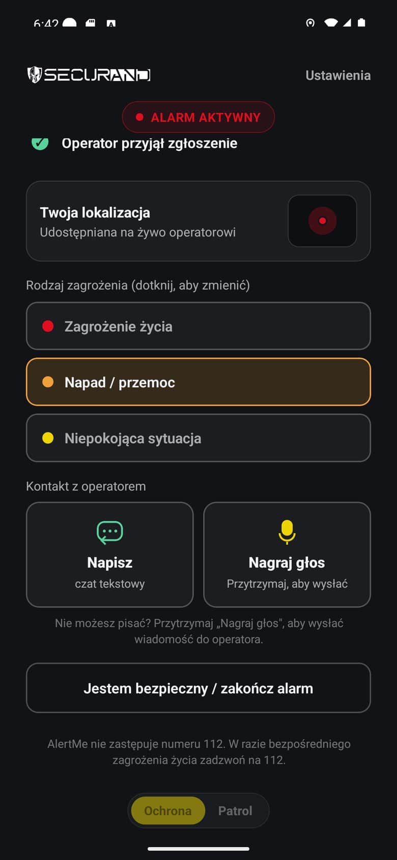 Operator przyjął zgłoszenie: lokalizacja udostępniana na żywo, wskazany rodzaj zagrożenia oraz kontakt czatem albo nagraniem głosu