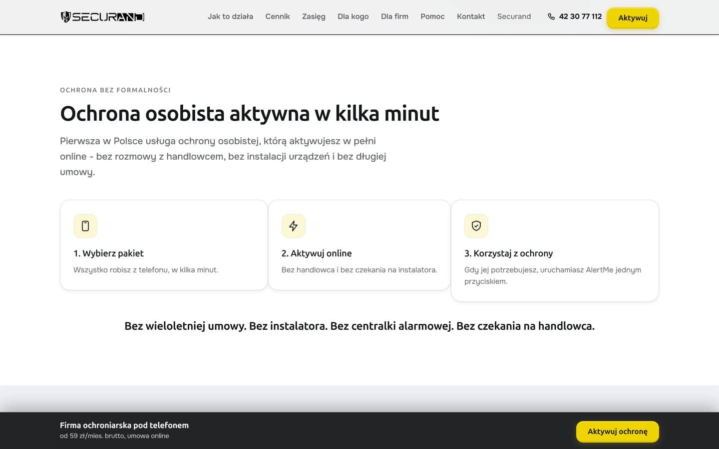 Nagłówek AlertMe: ochrona osobista aktywowana w kilka minut, trzy kroki zakupu i pasek z ceną od 59 zł miesięcznie