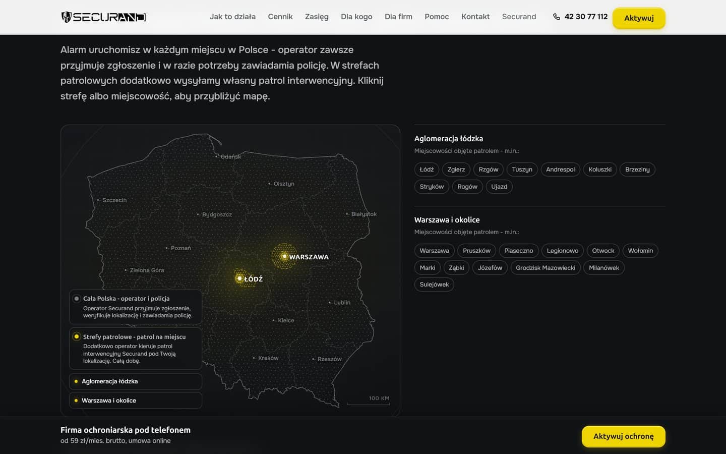 Mapa zasięgu: strefy patrolowe wokół Łodzi i Warszawy z listą objętych nimi miejscowości