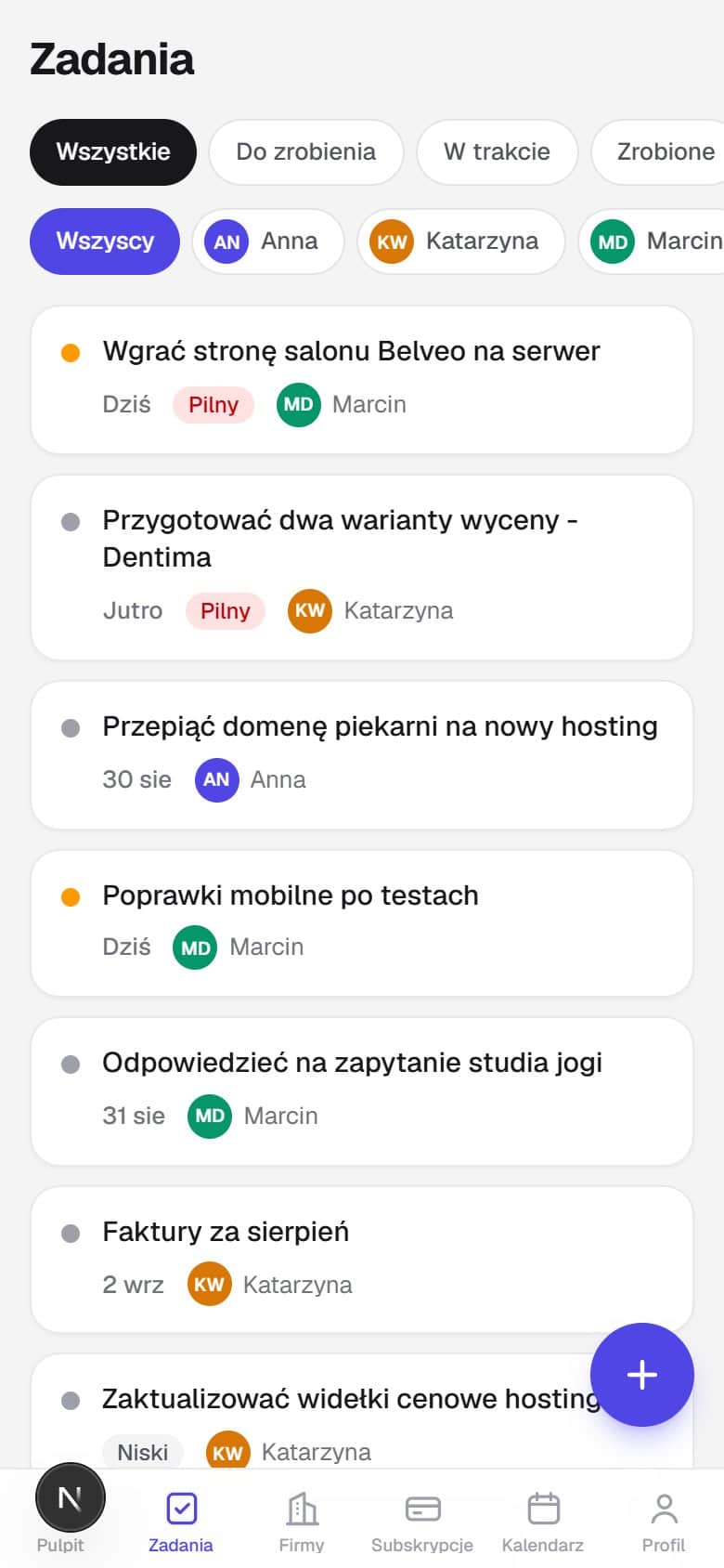 Lista zadań z filtrem po osobie, priorytetem i terminem