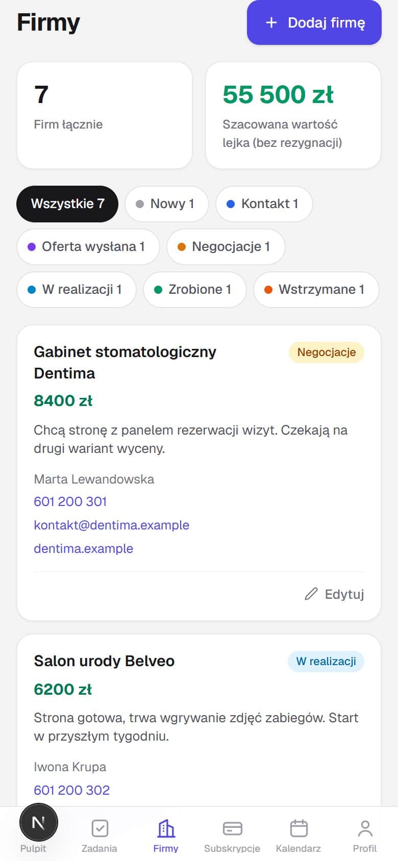 Firmy w lejku sprzedaży: etap, szacowana wartość i osoba kontaktowa
