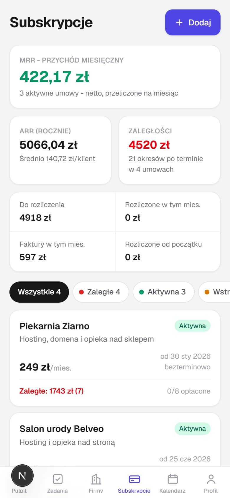 Subskrypcje: przychód miesięczny i roczny, zaległości i lista umów