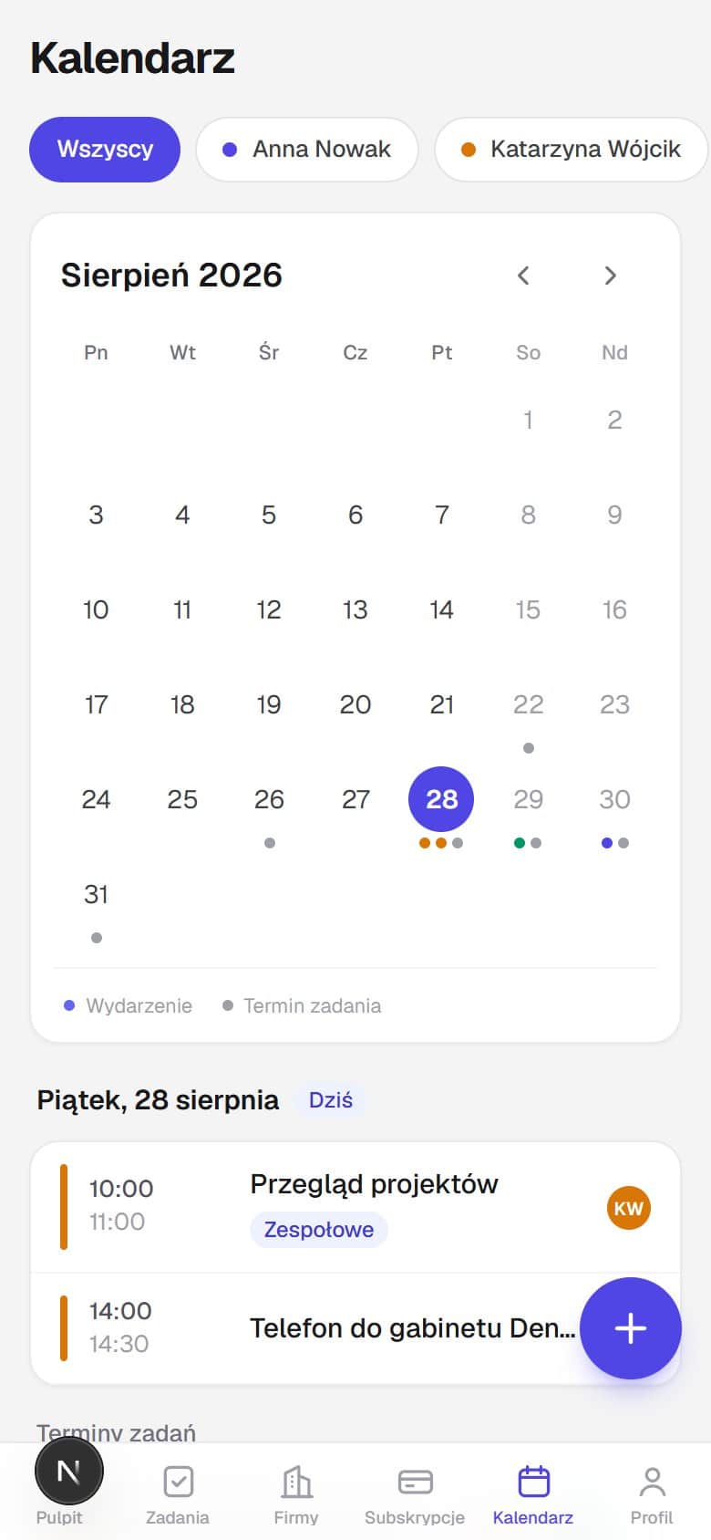 Kalendarz zespołu z planem wybranego dnia i terminami zadań