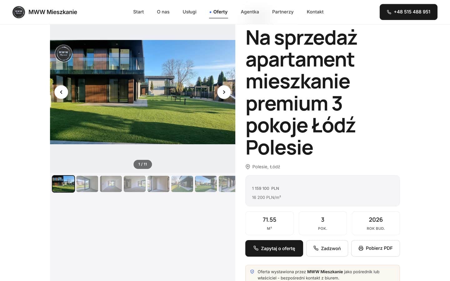 Karta oferty: galeria jedenastu zdjęć, cena z przeliczeniem na metr, metraż, liczba pokoi, rok budowy i przycisk pobrania karty w PDF