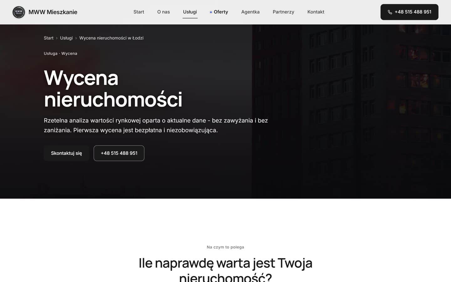 Podstrona usługi wyceny: nagłówek na tle wieczornej zabudowy, opis usługi i dwa przyciski kontaktu