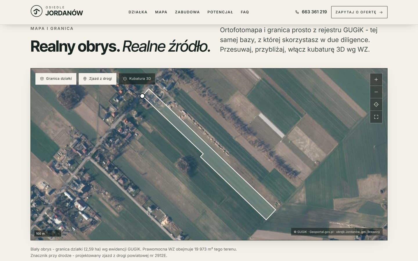 Mapa z rządowego Geoportalu: zdjęcie lotnicze z obrysem działki i przełącznikami granicy, zjazdu i kubatury do 9,5 metra
