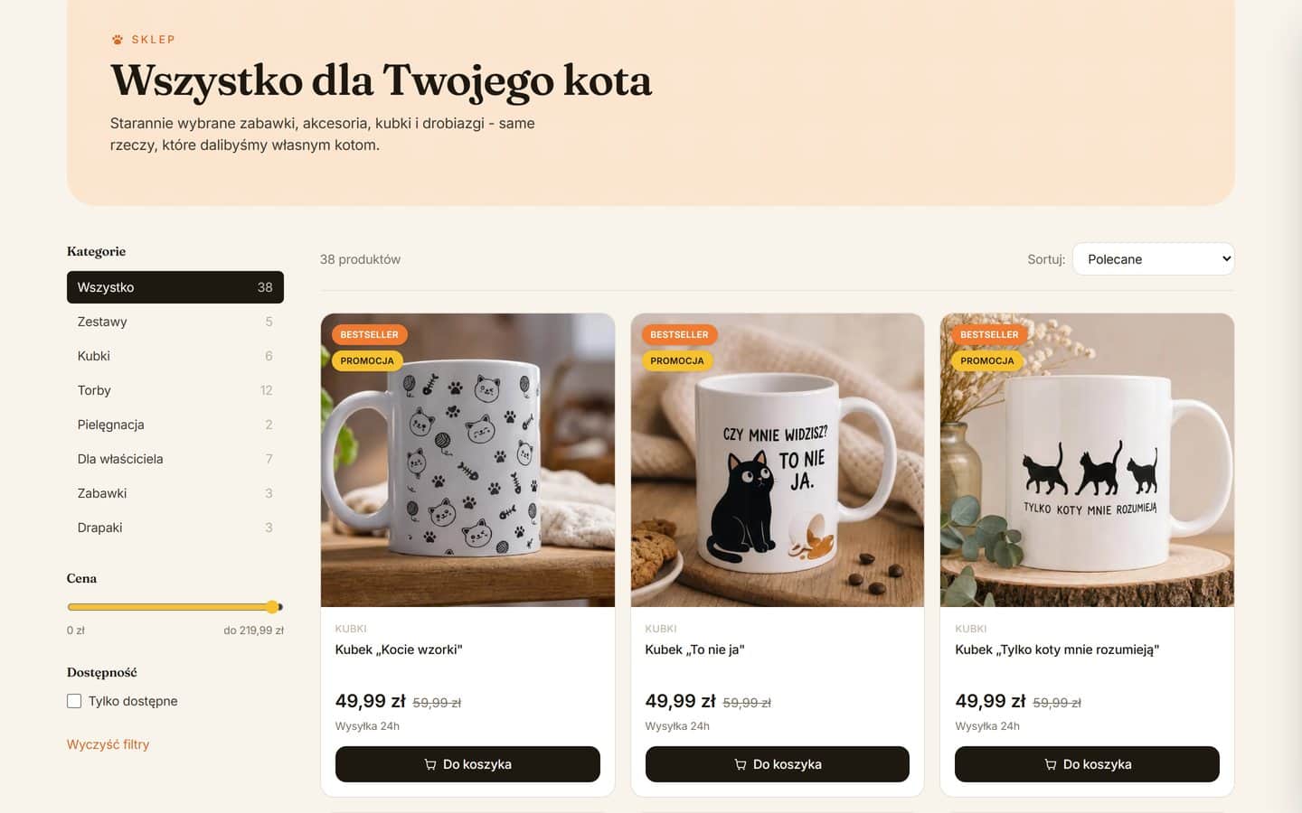 Katalog sklepu: lista kategorii z liczbą produktów, suwak ceny, filtr dostępności i siatka kubków z cenami