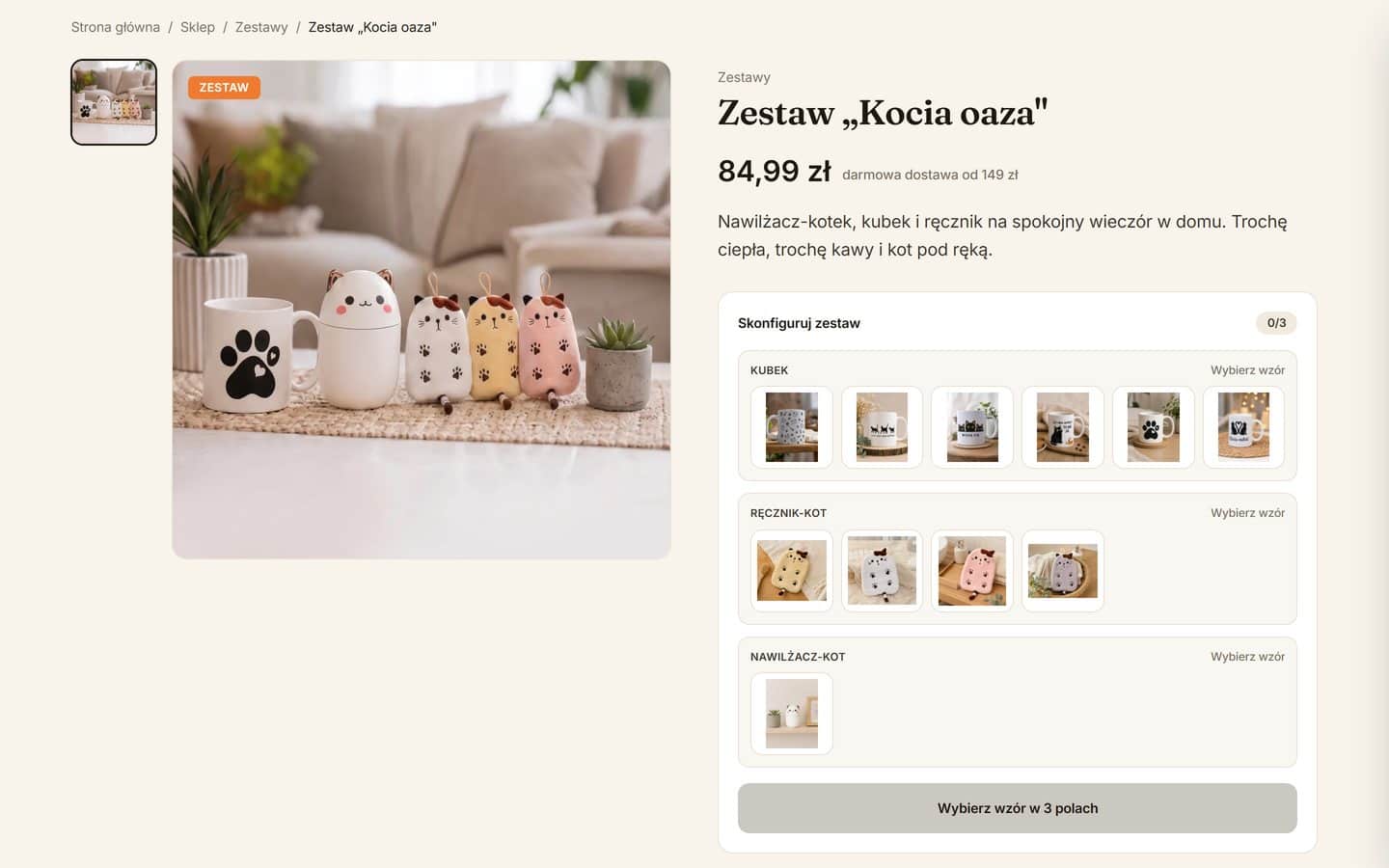 Konfigurator zestawu: wybór wzoru kubka, ręcznika i nawilżacza, licznik trzech pól do uzupełnienia i cena kompletu