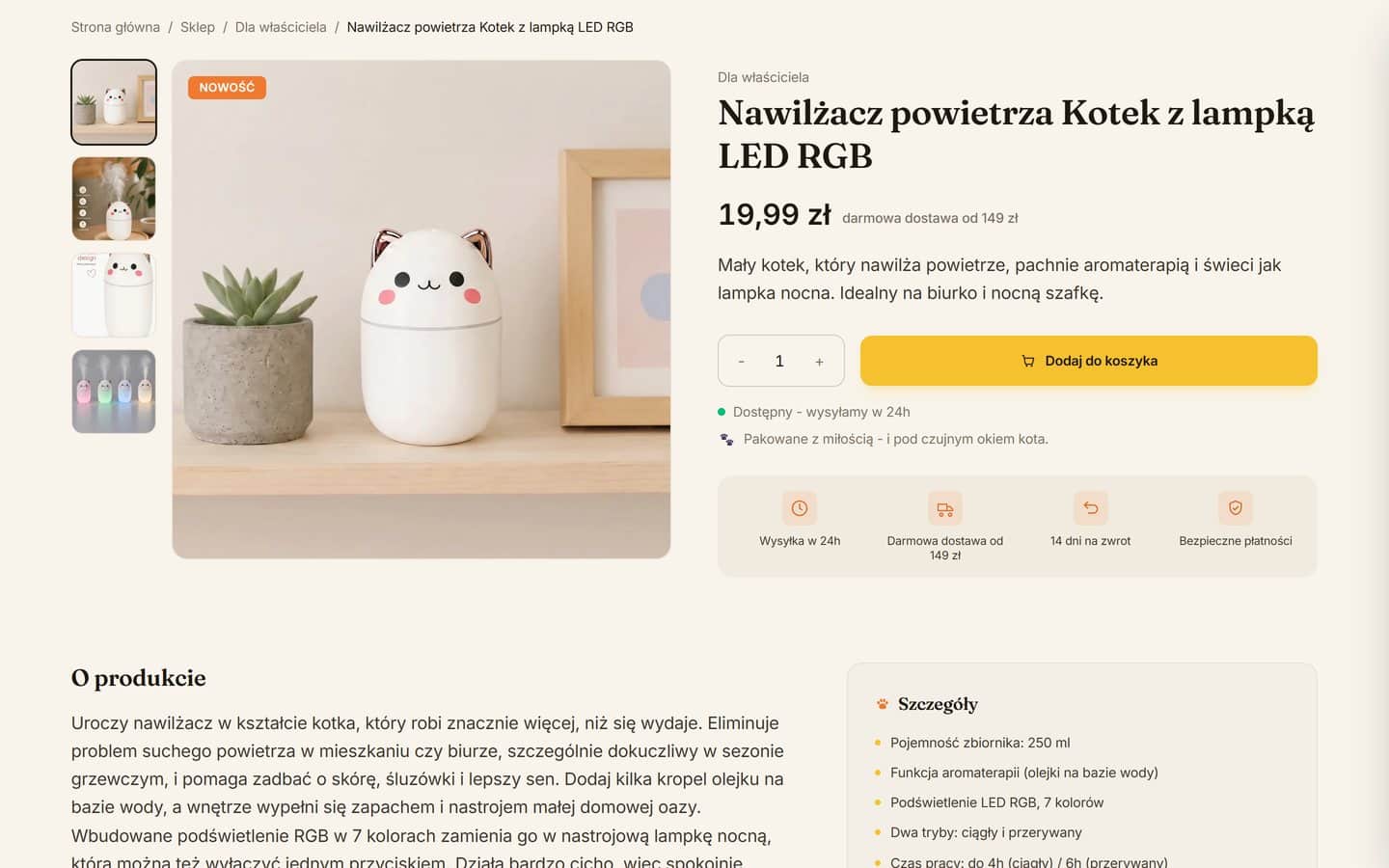 Karta produktu: galeria czterech zdjęć, cena, licznik sztuk, przycisk dodania do koszyka i informacja o wysyłce w 24 godziny