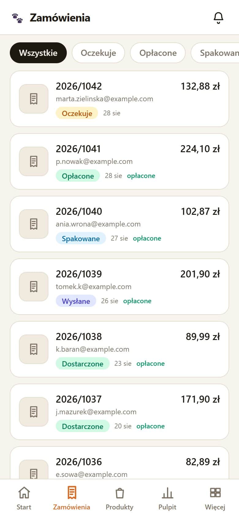 Zamówienia w panelu właściciela: numer, kwota, status opłacenia i etap wysyłki
