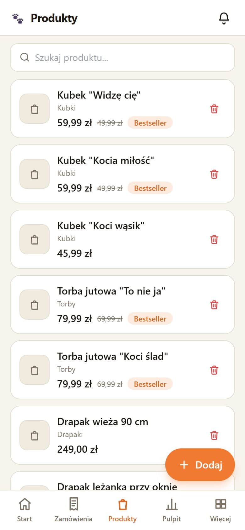 Lista produktów z ceną, ceną promocyjną i oznaczeniem bestsellerów