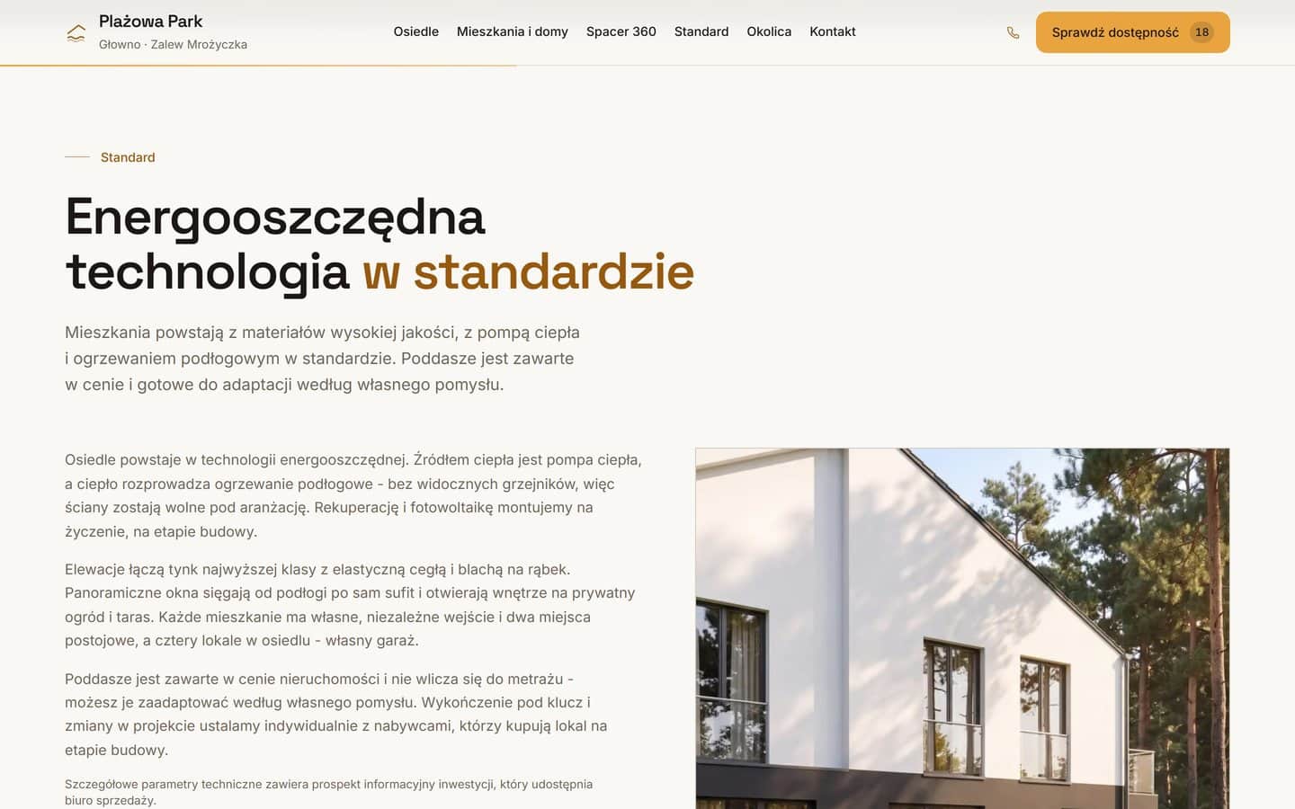 Sekcja o standardzie energooszczędnym z opisem pompy ciepła i rekuperacji obok zdjęcia elewacji