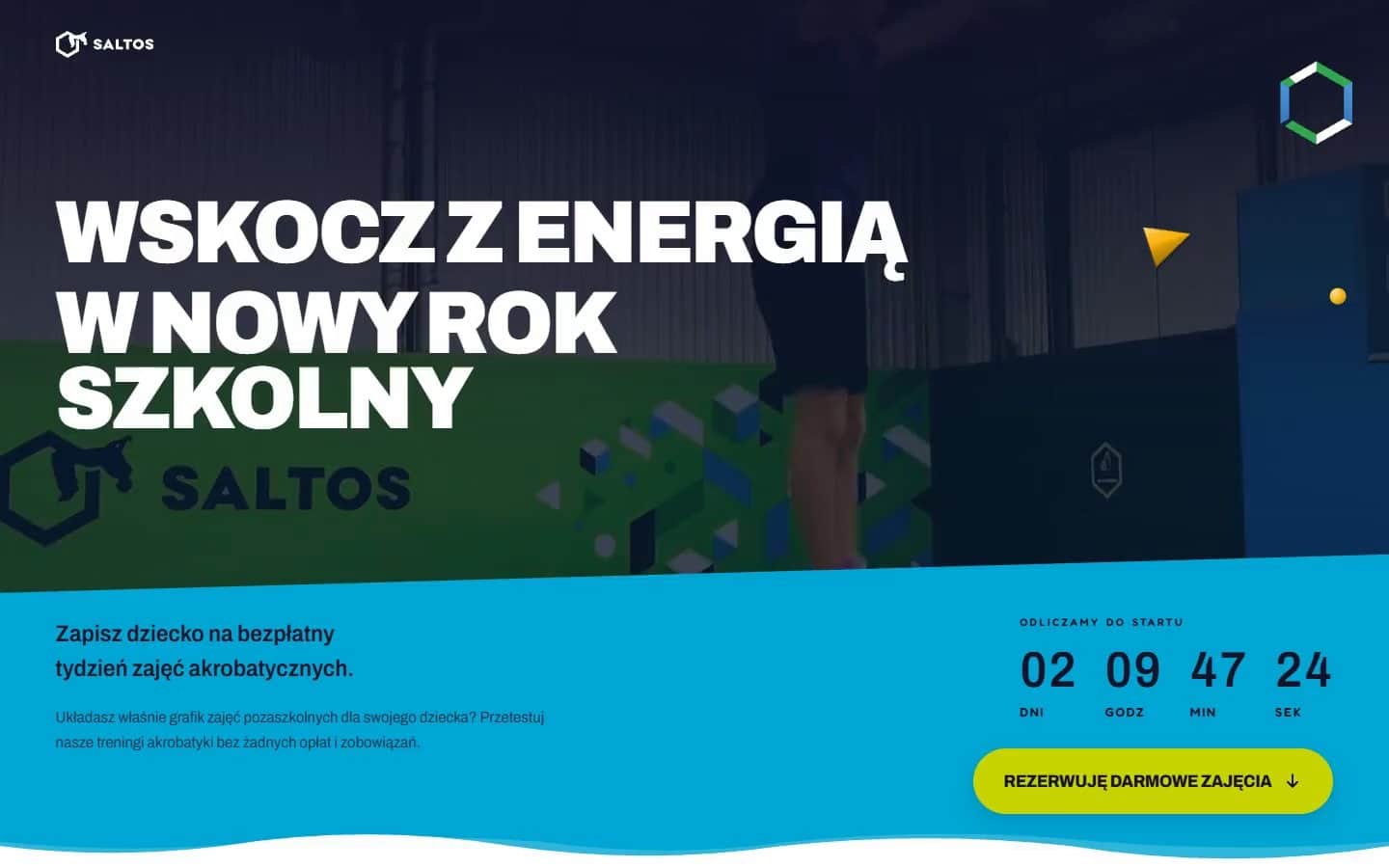 Hero strony zapisów Saltos w ruchu: nagranie z hali, hasło kampanii i licznik odliczający do startu