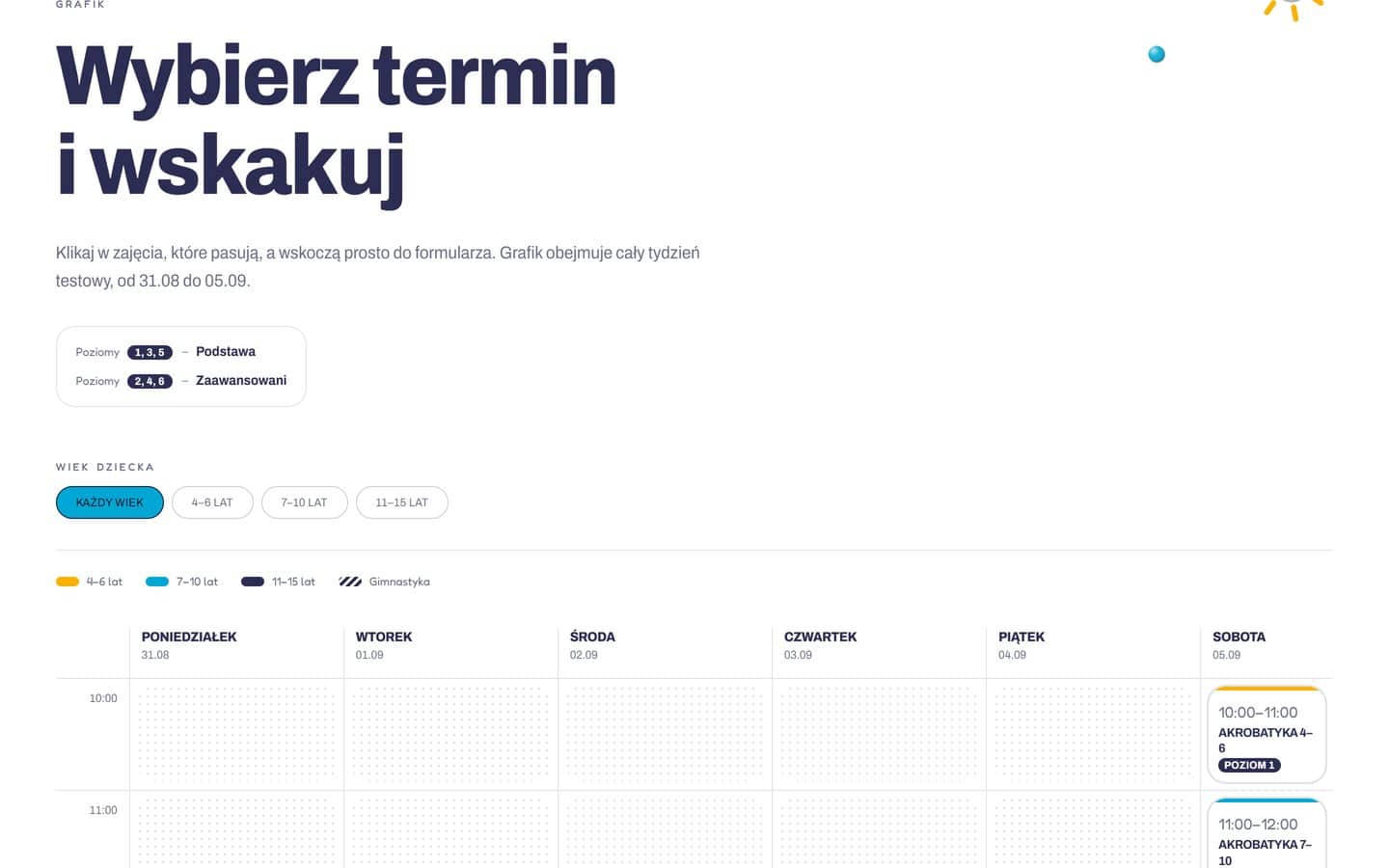 Grafik zajęć: filtry wieku dziecka, legenda poziomów i tydzień od 31 sierpnia do 5 września w kolumnach