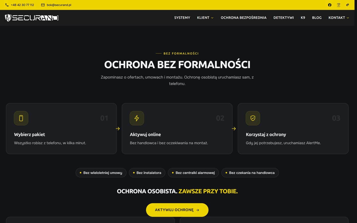 Strona Securand w ciemnej palecie: sekcja o ochronie bez formalności z trzema krokami aktywacji