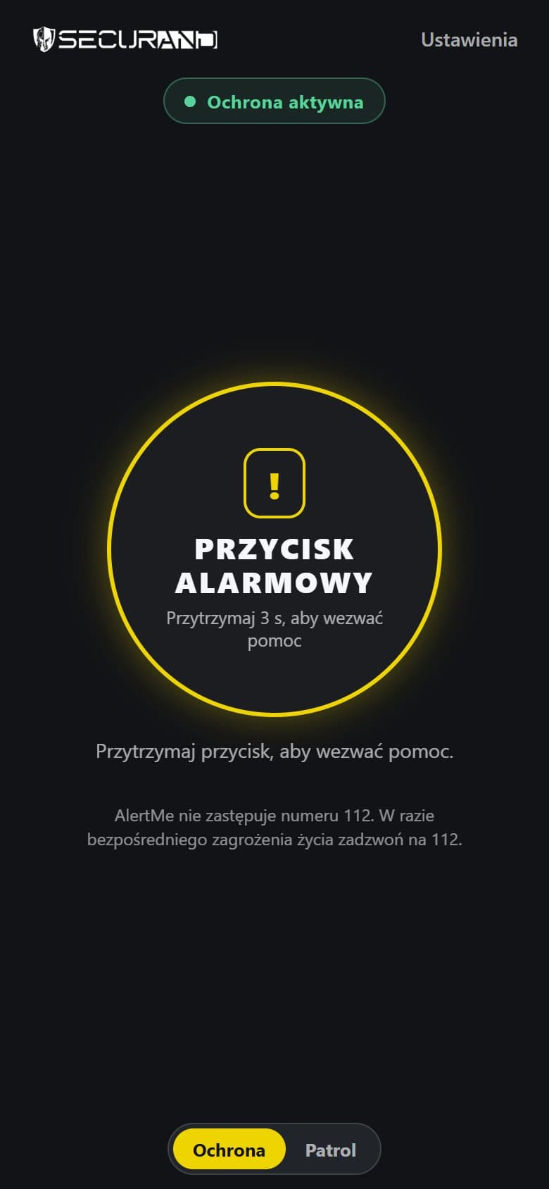 Ekran główny AlertMe: ochrona aktywna i przycisk alarmowy do przytrzymania przez trzy sekundy