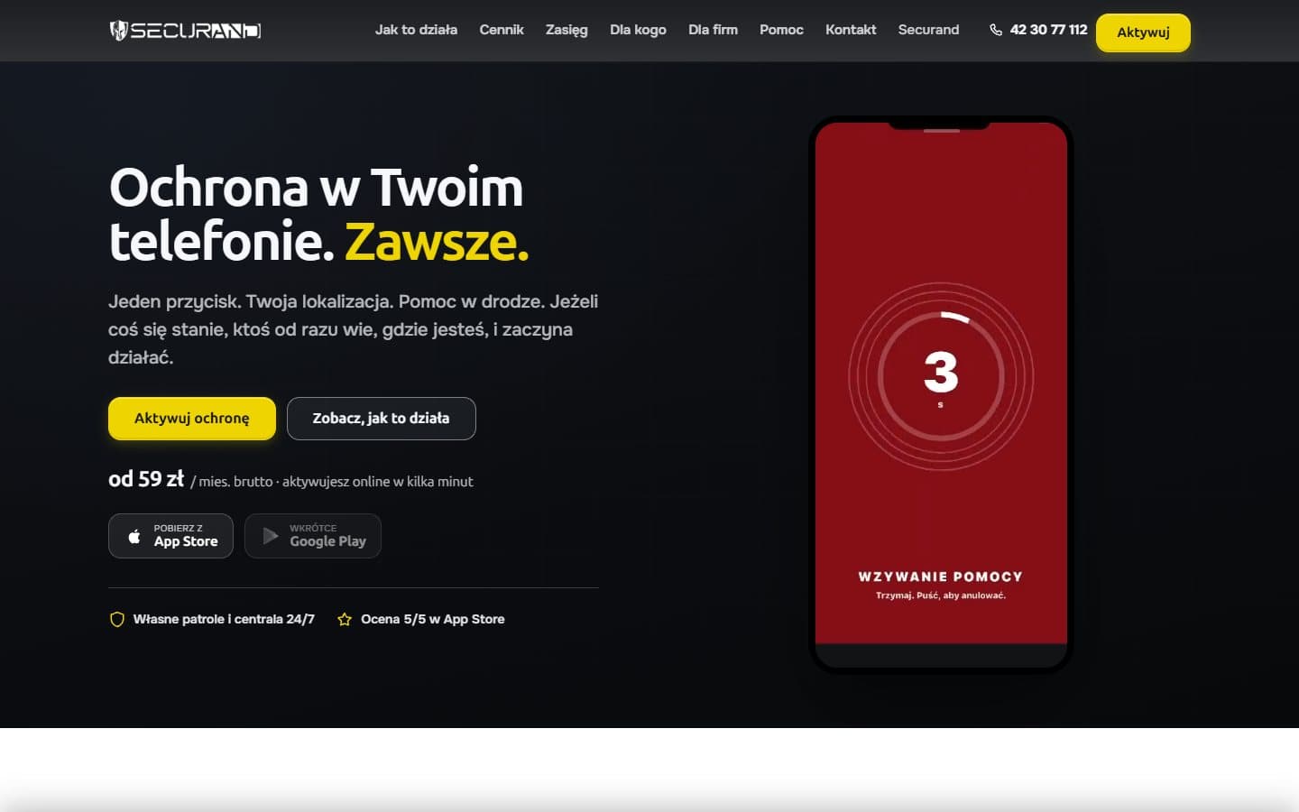 Strona produktu AlertMe na ekranie komputera: hasło o ochronie w telefonie, przyciski aktywacji, cena abonamentu i telefon z ekranem wzywania pomocy