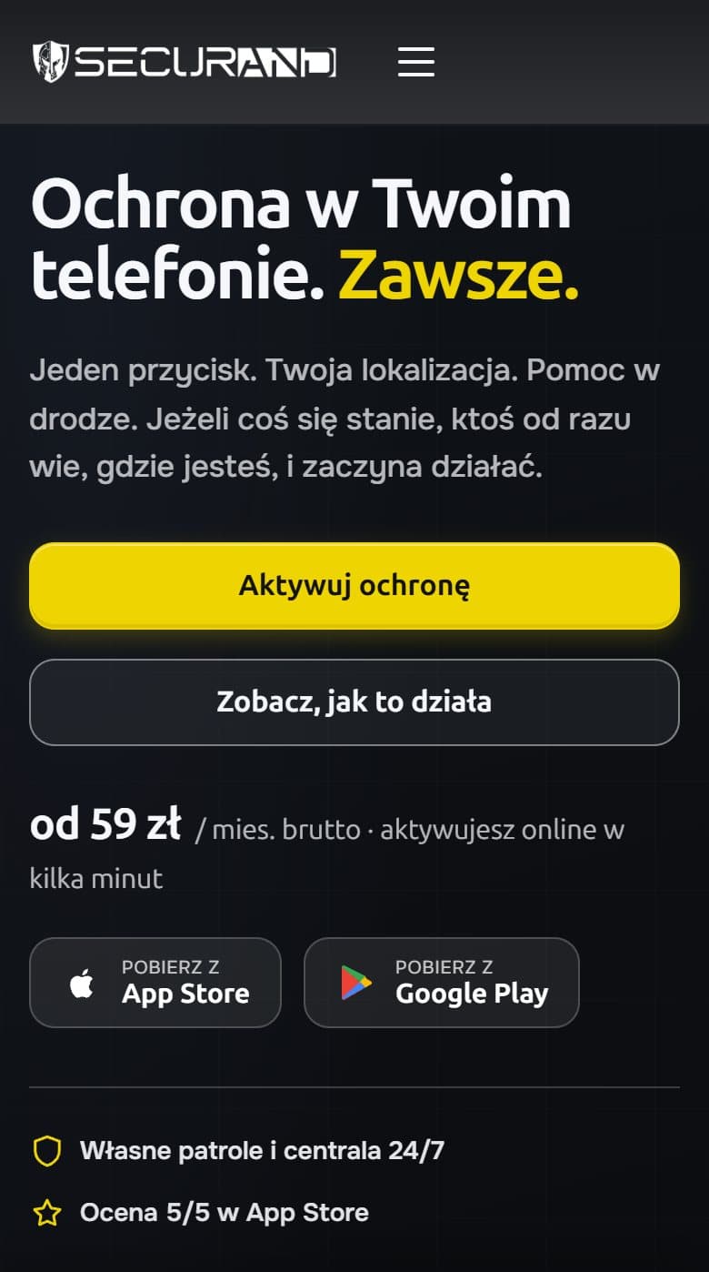 Ta sama strona na telefonie: hasło, przyciski aktywacji, cena abonamentu i odnośniki do App Store oraz Google Play