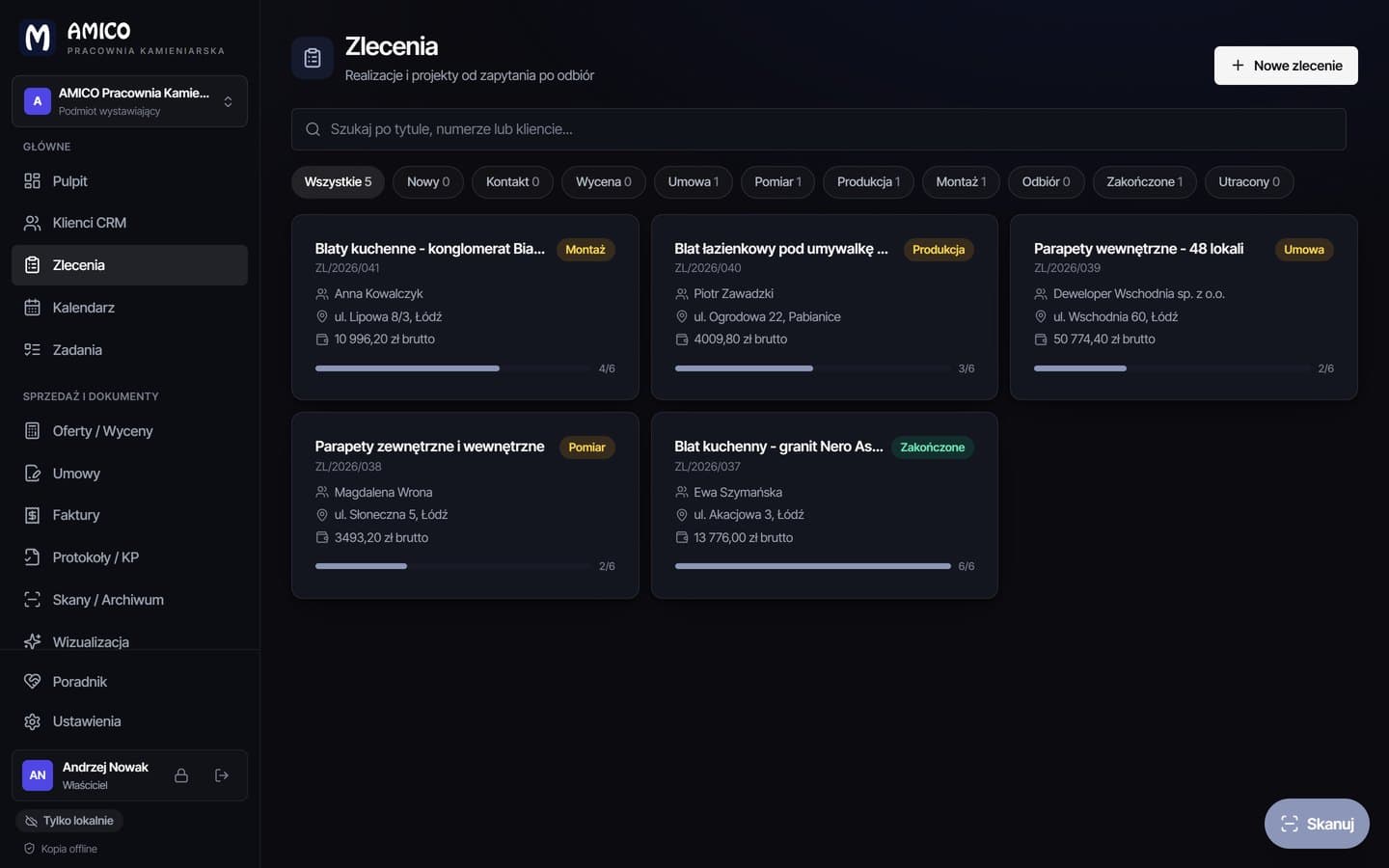 Lista zleceń w systemie AMICO: karty realizacji z etapem, adresem, wartością i paskiem postępu