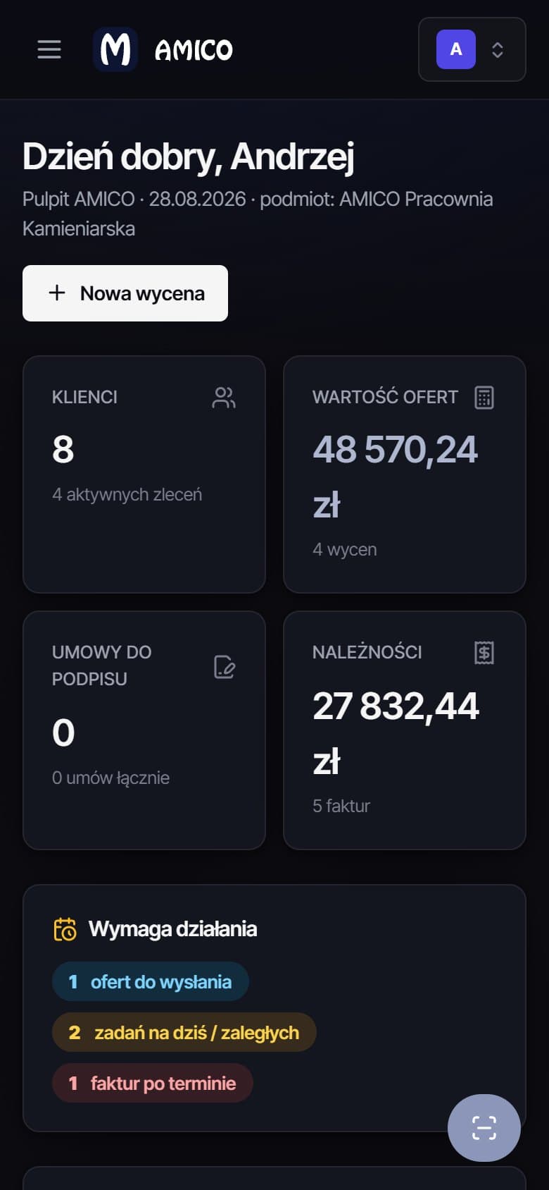 Pulpit AMICO na telefonie: liczba klientów, wartość ofert, należności i lista spraw na dziś