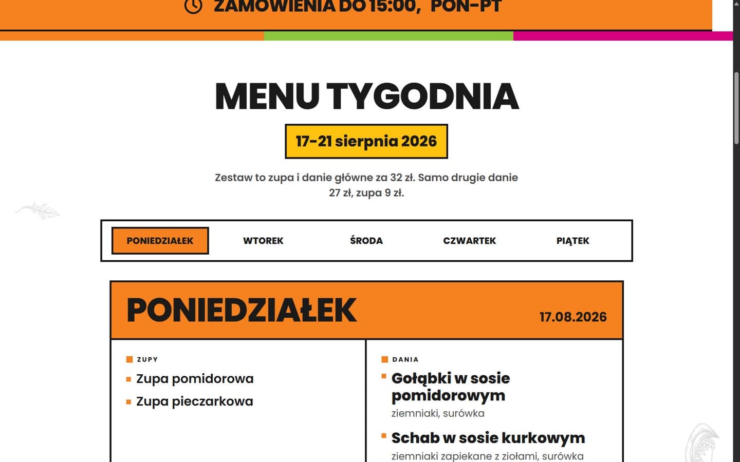 Sekcja menu tygodnia na stronie Casa Blanka Catering na ekranie komputera