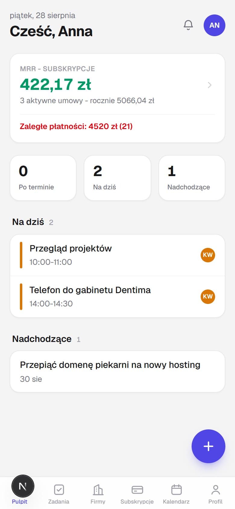 Pulpit na telefonie: przychód miesięczny, zaległe płatności i zadania na dziś