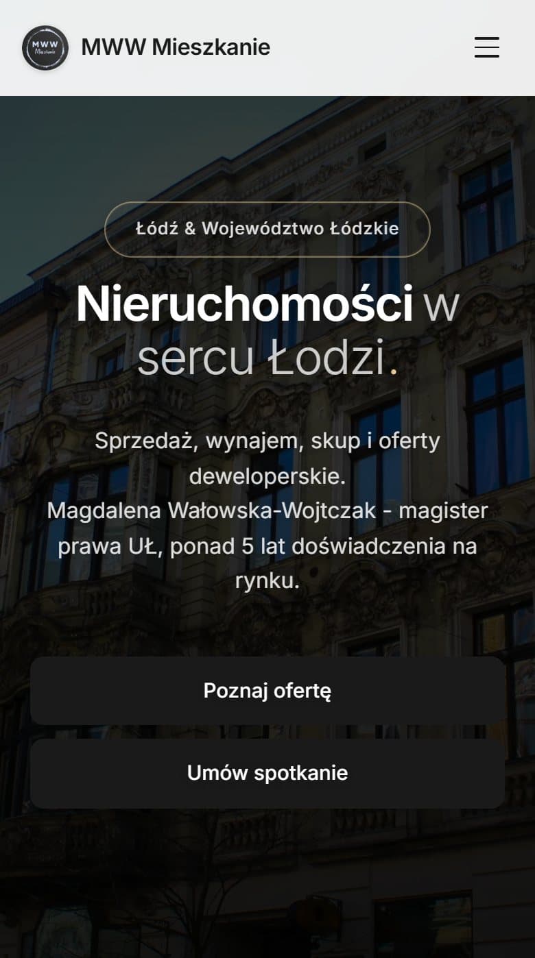 Strona główna MWW Mieszkanie na telefonie: hasło, opis agentki i przyciski kontaktu