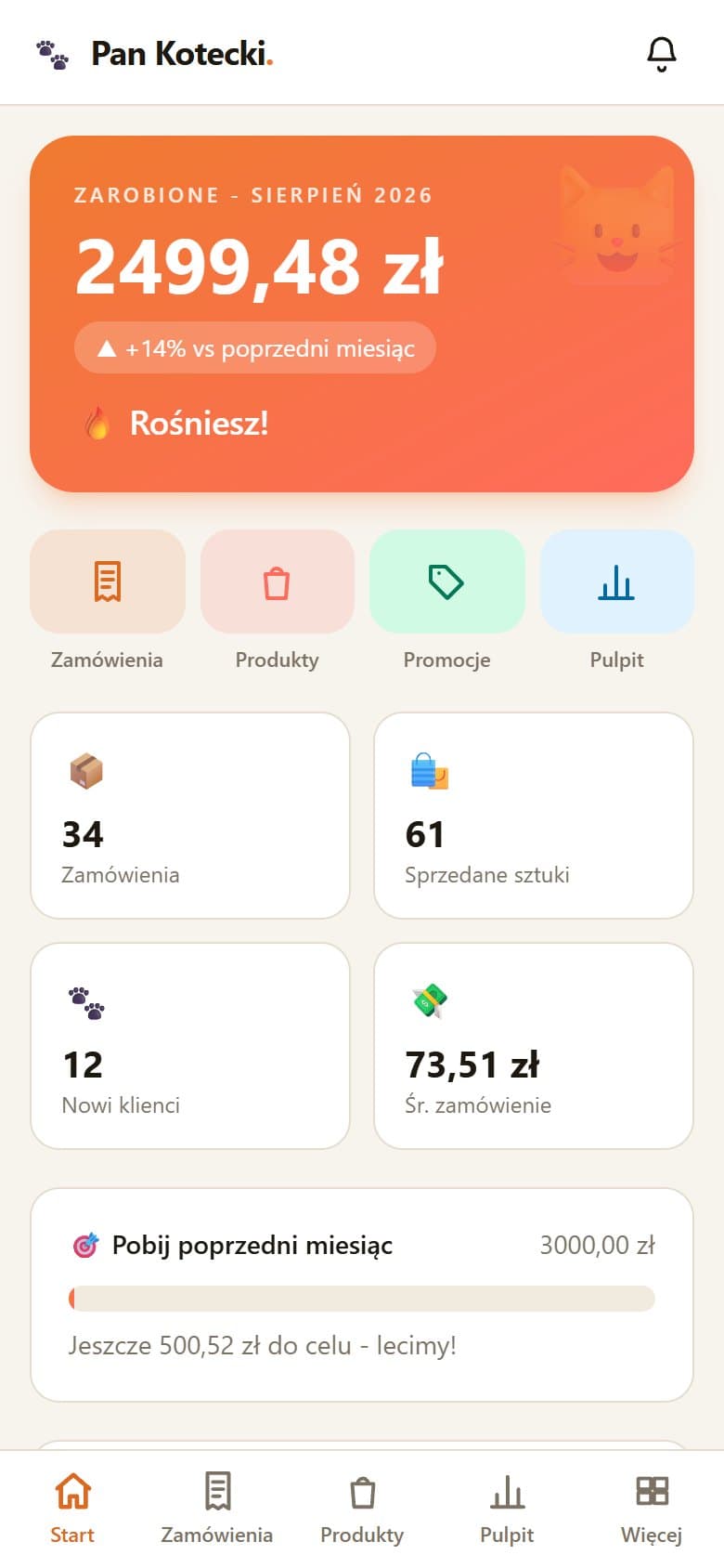 Ekran startowy panelu na telefonie: zarobione w tym miesiącu i postęp do celu