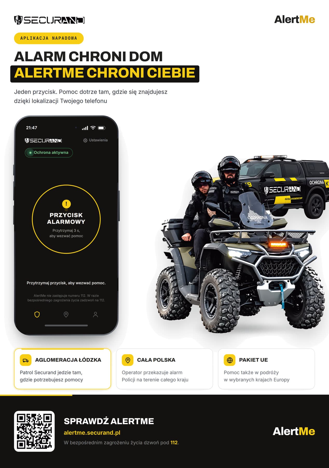 Przód ulotki AlertMe z hasłem Alarm chroni dom, AlertMe chroni Ciebie, ekranem przycisku alarmowego w telefonie, patrolem Securand na quadzie i trzema zakresami ochrony