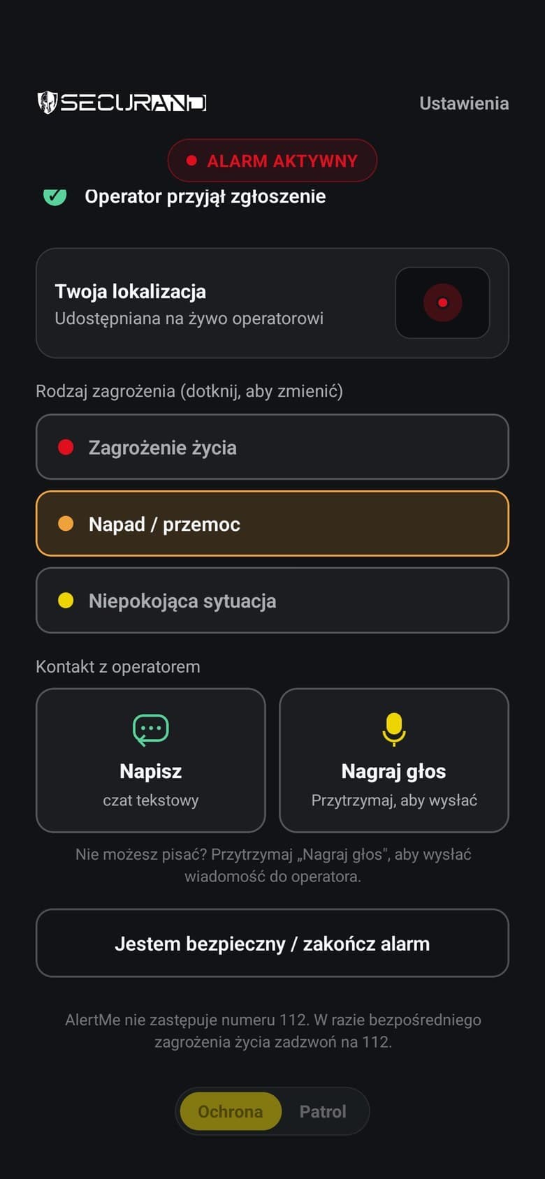 Operator przyjął zgłoszenie: lokalizacja udostępniana na żywo, wskazany rodzaj zagrożenia oraz kontakt czatem albo nagraniem głosu