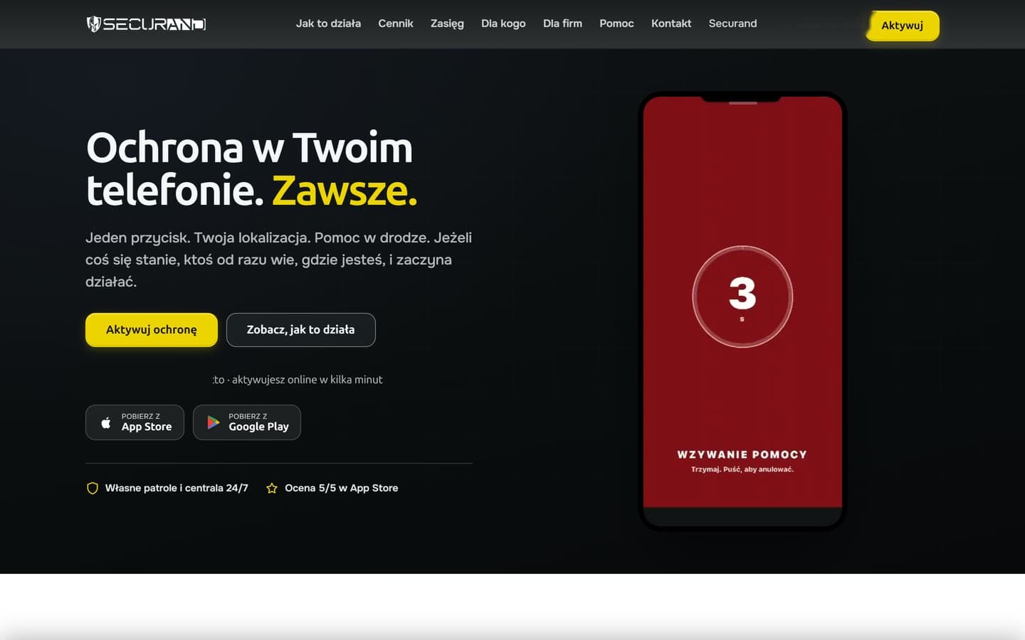 Strona produktu AlertMe na ekranie komputera: hasło o ochronie w telefonie, przyciski aktywacji, cena abonamentu i telefon z ekranem wzywania pomocy