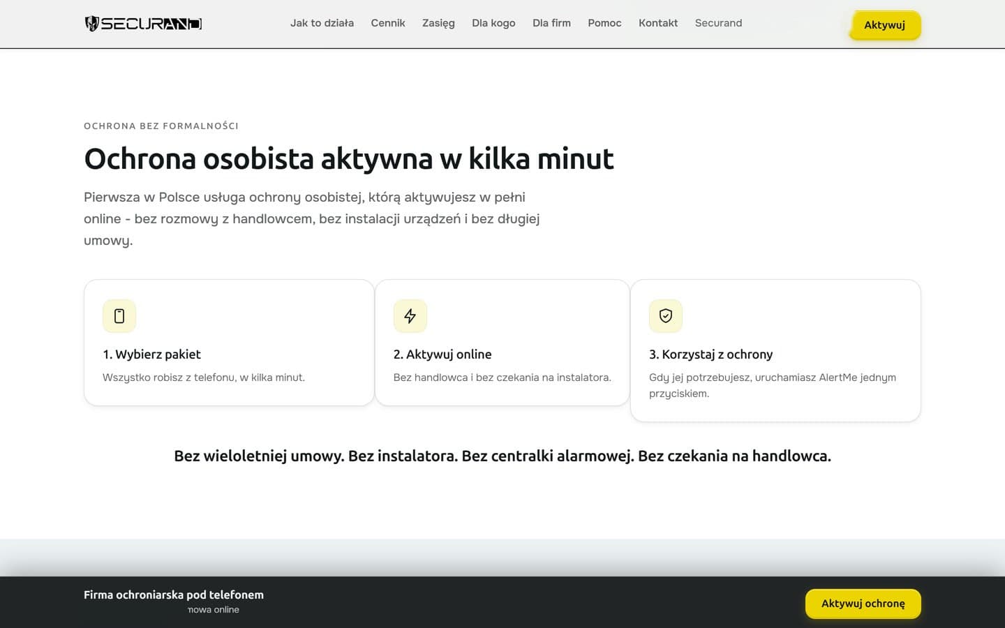 Nagłówek AlertMe: ochrona osobista aktywowana w kilka minut, trzy kroki zakupu i przyklejony pasek z ceną abonamentu oraz przyciskiem aktywacji
