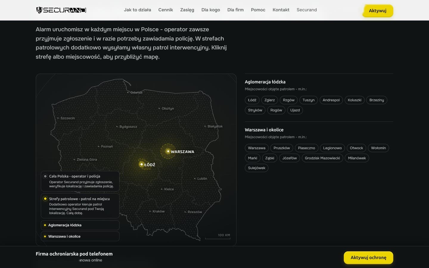 Mapa zasięgu: strefy patrolowe wokół Łodzi i Warszawy z listą objętych nimi miejscowości