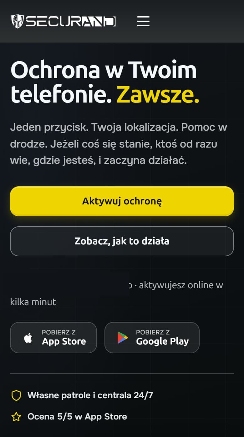 Ta sama strona na telefonie: hasło, przyciski aktywacji, cena abonamentu i odnośniki do App Store oraz Google Play