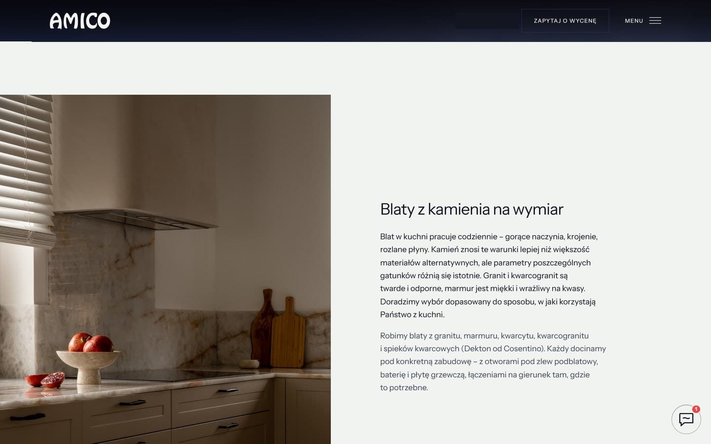 Podstrona blatów kuchennych ze zdjęciem kamiennego blatu i opisem doboru materiału do kuchni