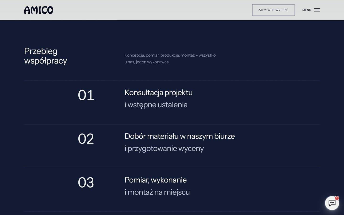 Sekcja przebiegu współpracy na granatowym tle z trzema etapami, od konsultacji projektu po montaż na miejscu