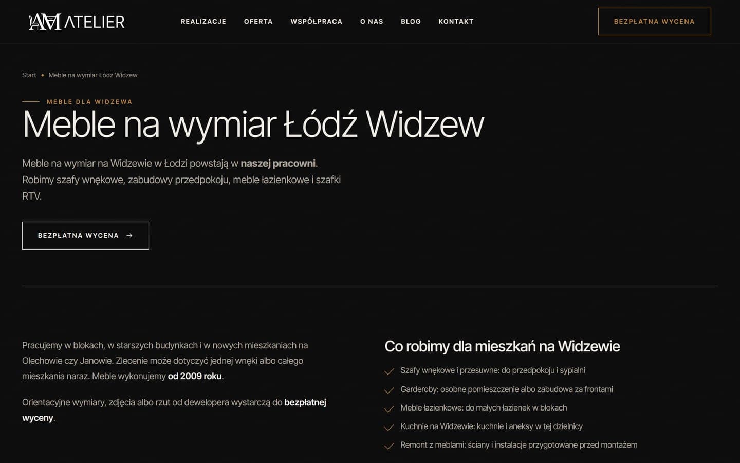 Podstrona lokalna dla Widzewa z przyciskiem bezpłatnej wyceny i listą mebli wykonywanych do mieszkań w tej dzielnicy