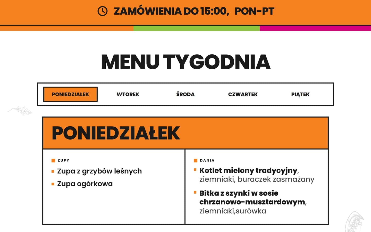 Sekcja Menu tygodnia: pasek z godziną przyjmowania zamówień, pasek pięciu dni z podświetlonym poniedziałkiem i karta poniedziałku z dwiema zupami i dwoma daniami