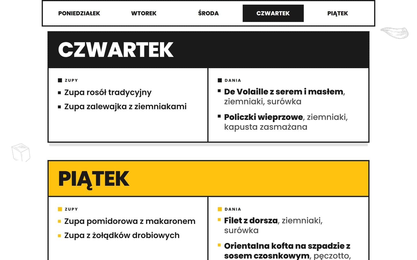 Czwartek w menu: pasek dni przyklejony u góry ekranu podświetla dzień w kadrze jego kolorem, pod nim karty czwartku i piątku
