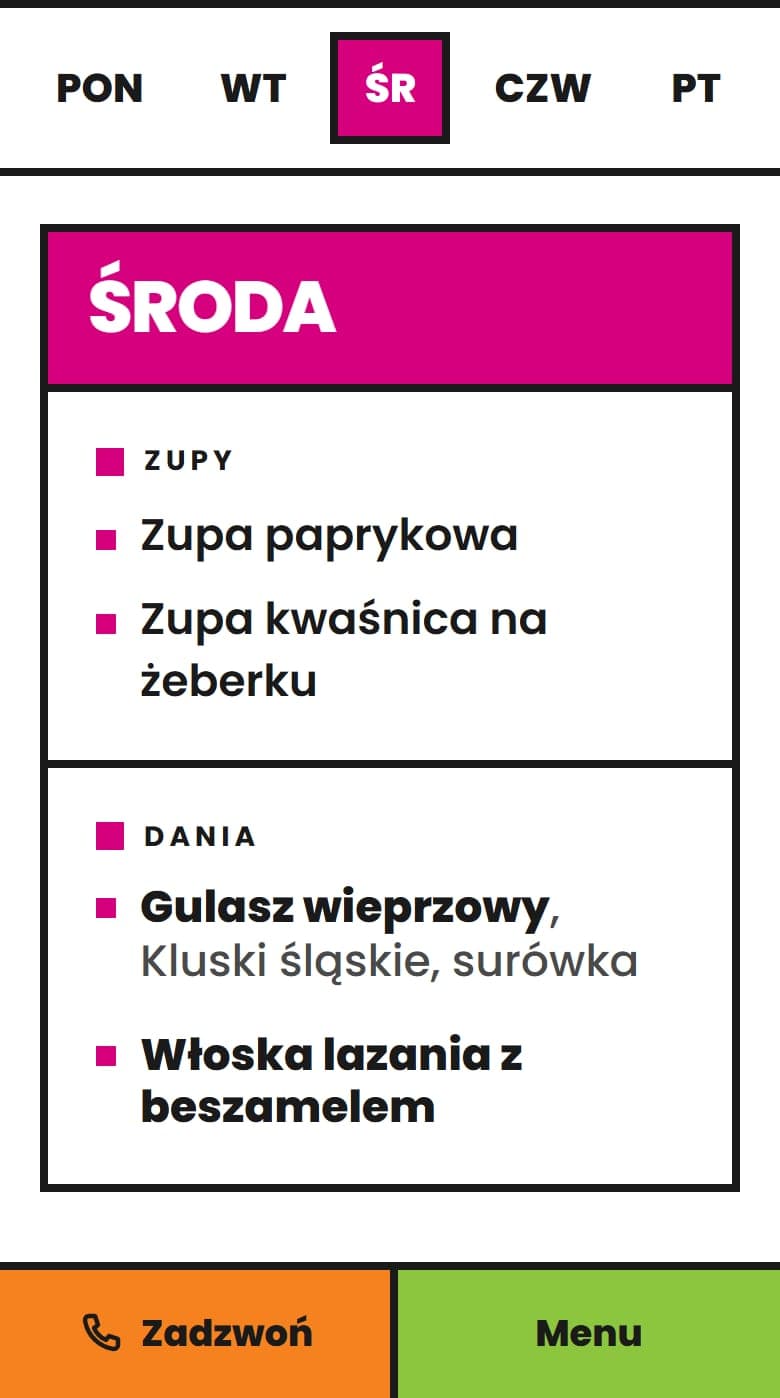 Menu tygodnia na telefonie: przyklejony pasek dni z podświetloną środą, zupy i dania środy oraz dolny pasek z przyciskami Zadzwoń i Menu