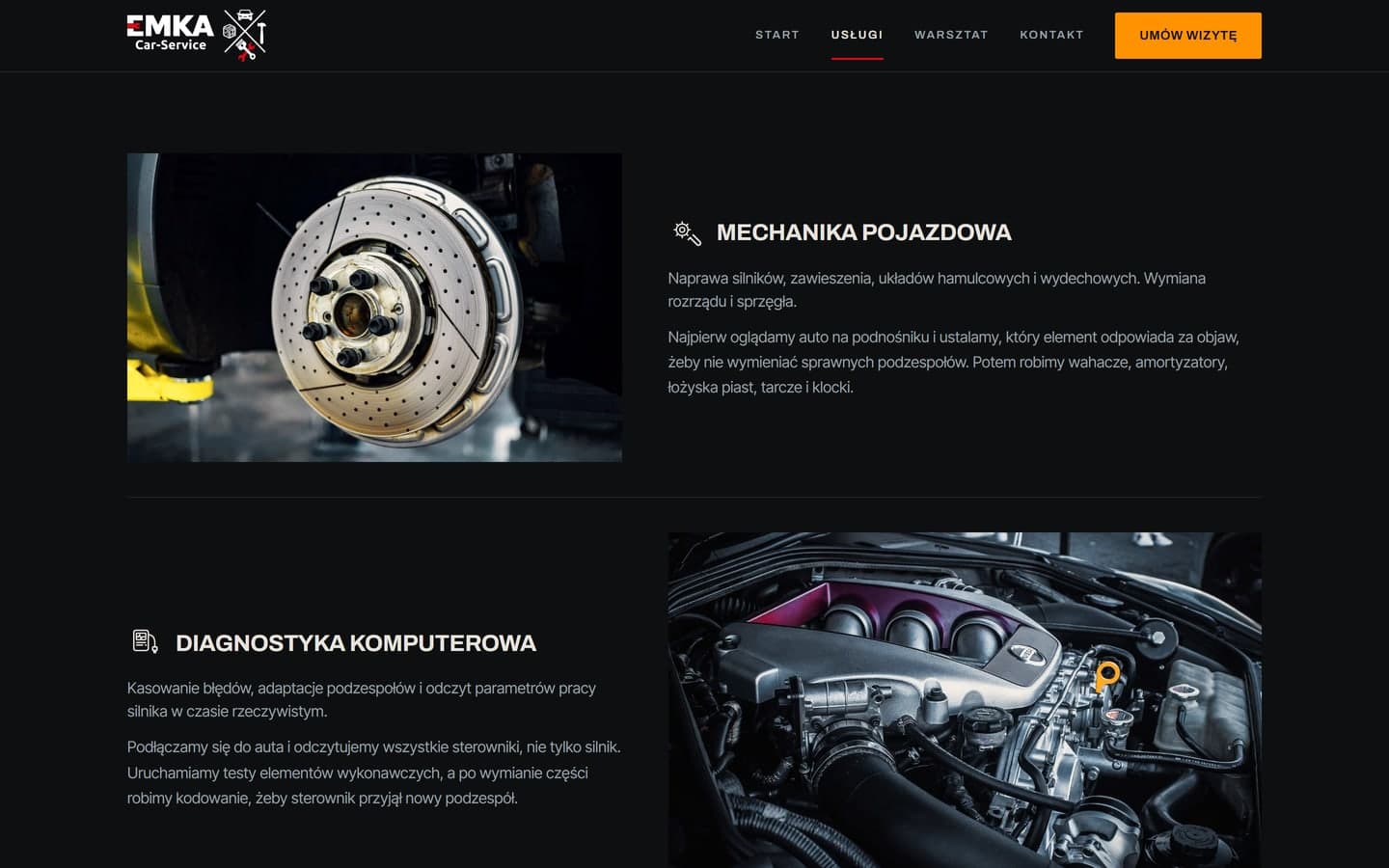Podstrona usług: mechanika pojazdowa ze zdjęciem tarczy hamulcowej i diagnostyka komputerowa ze zdjęciem komory silnika, każda z krótkim opisem i rozwinięciem czynności warsztatu
