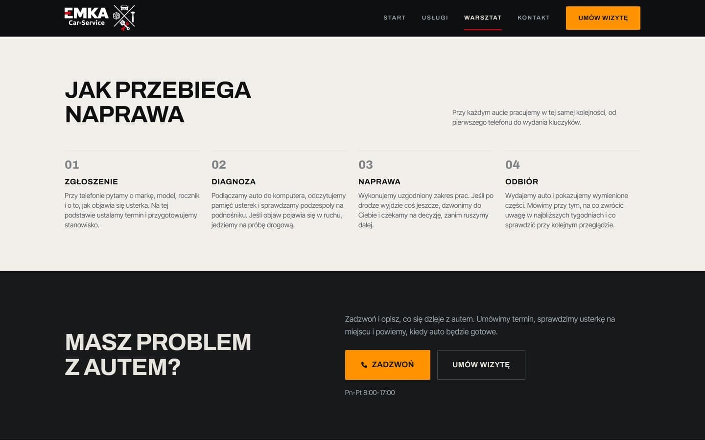 Przebieg naprawy w czterech krokach od zgłoszenia do odbioru, a pod nim ciemny pas z pytaniem Masz problem z autem i przyciskami połączenia i umówienia wizyty