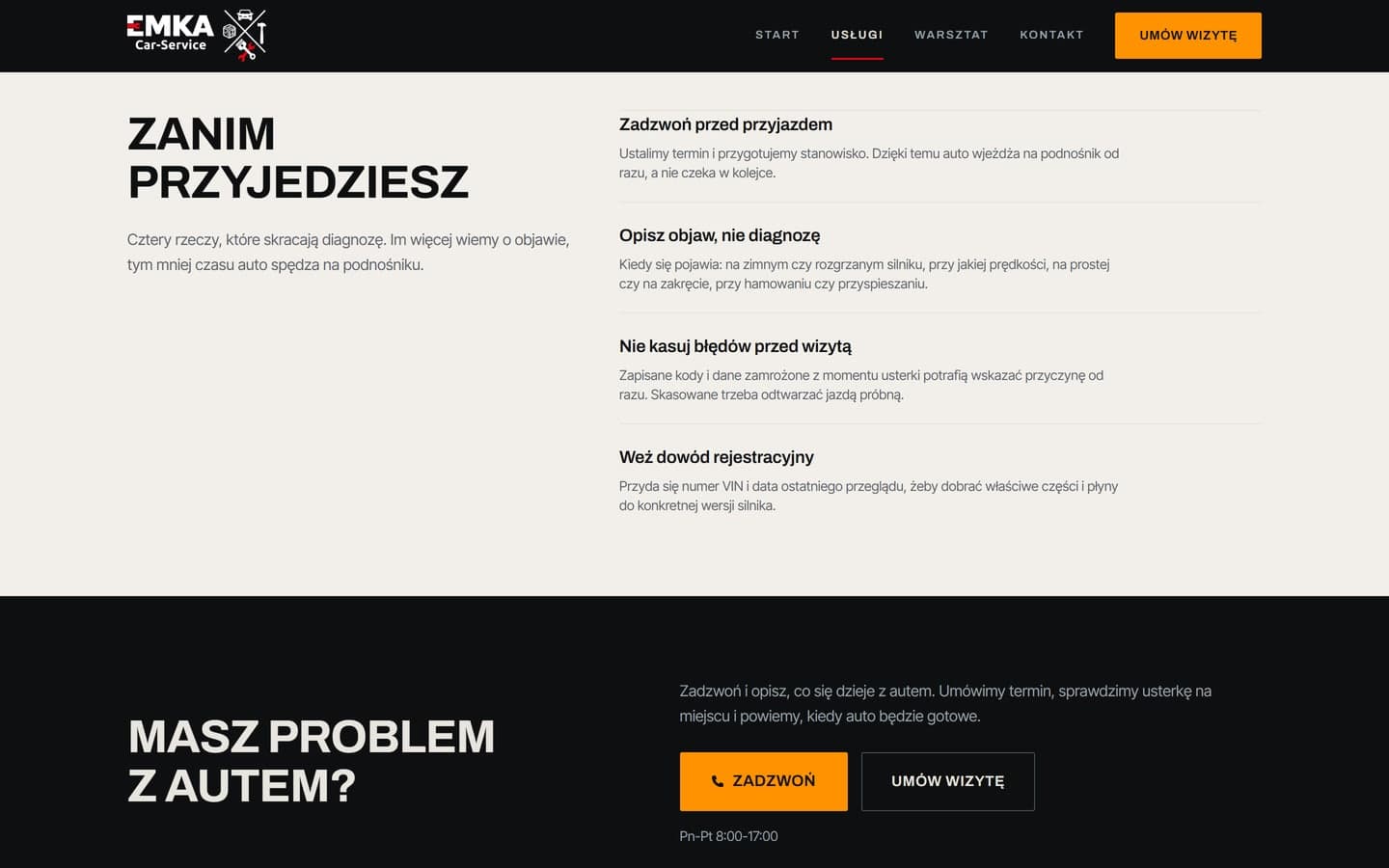Sekcja Zanim przyjedziesz z czterema wskazówkami przed wizytą, od telefonu przed przyjazdem po zabranie dowodu rejestracyjnego