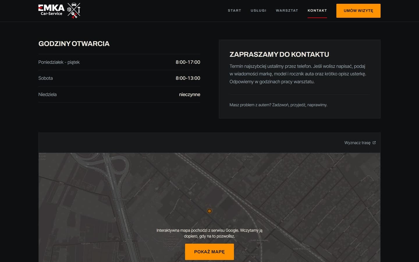 Strona kontaktu: godziny otwarcia w tabeli, karta z zaproszeniem do kontaktu i podgląd okolicy z przyciskiem Pokaż mapę, który wczytuje mapę Google dopiero po kliknięciu