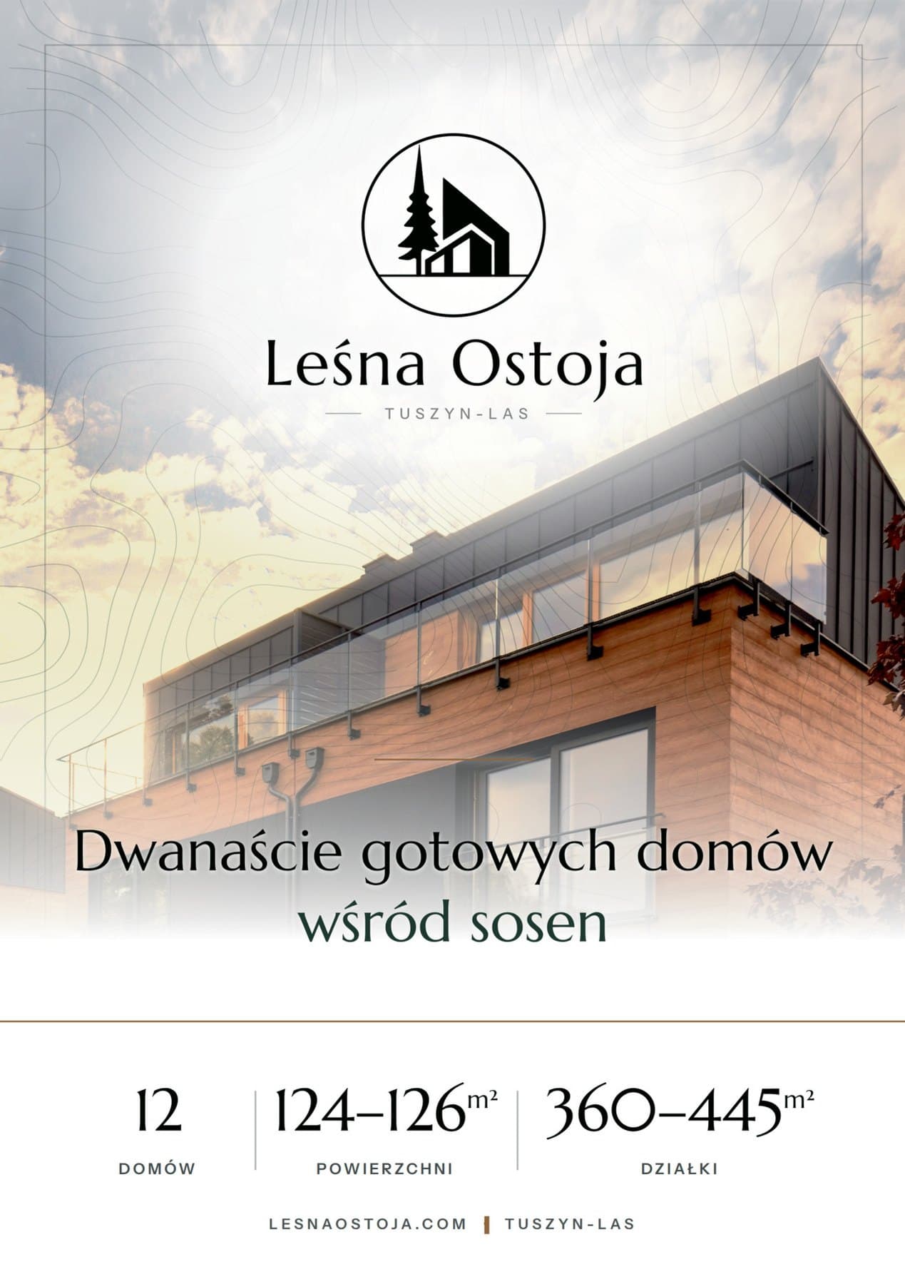 Przód ulotki A5 ze znakiem Leśnej Ostoi, hasłem Dwanaście gotowych domów wśród sosen i liczbami domów, metrażu i działek