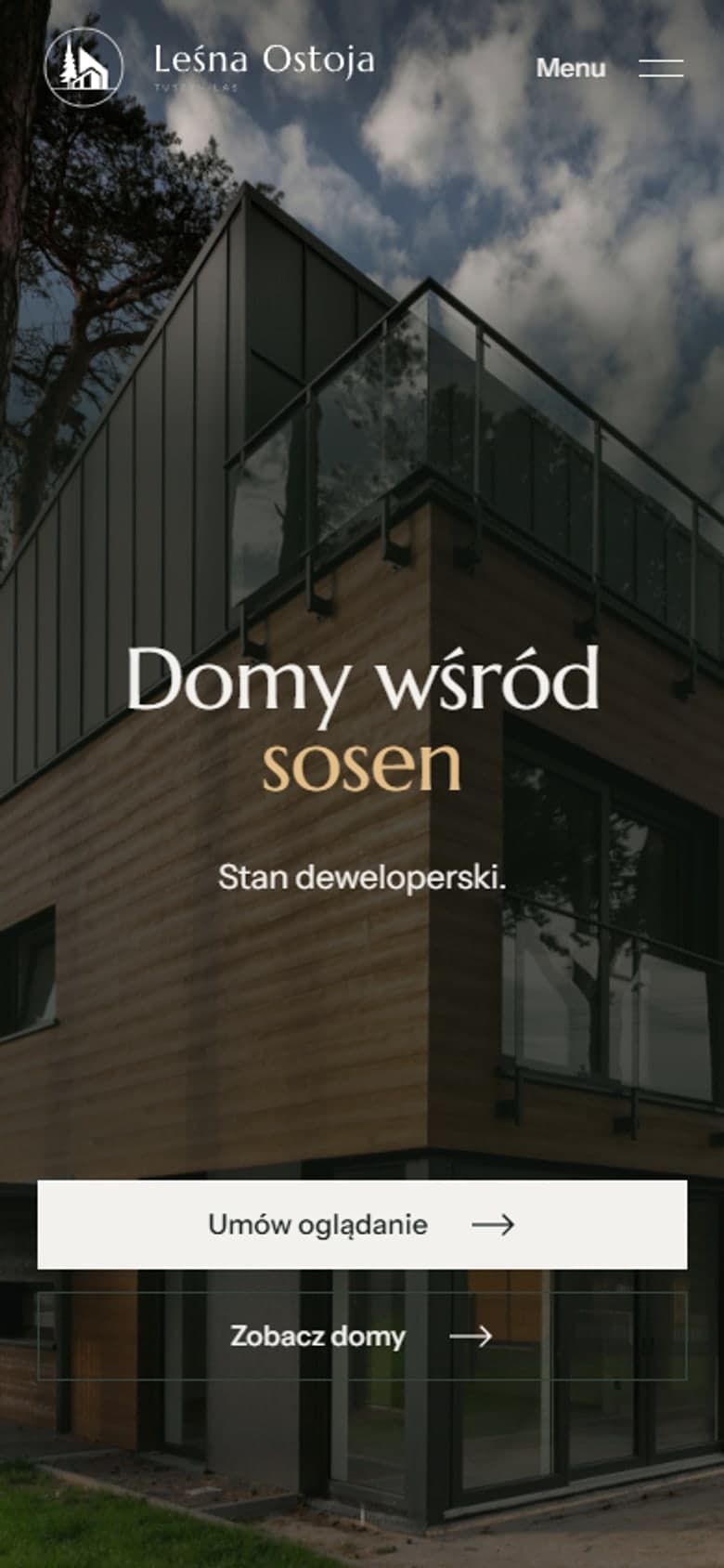 Ten sam ekran na telefonie: znak osiedla i przycisk menu, nagłówek w dwóch wierszach na zdjęciu narożnika domu z tarasem na dachu, informacja o stanie deweloperskim i dwa przyciski jeden pod drugim.
