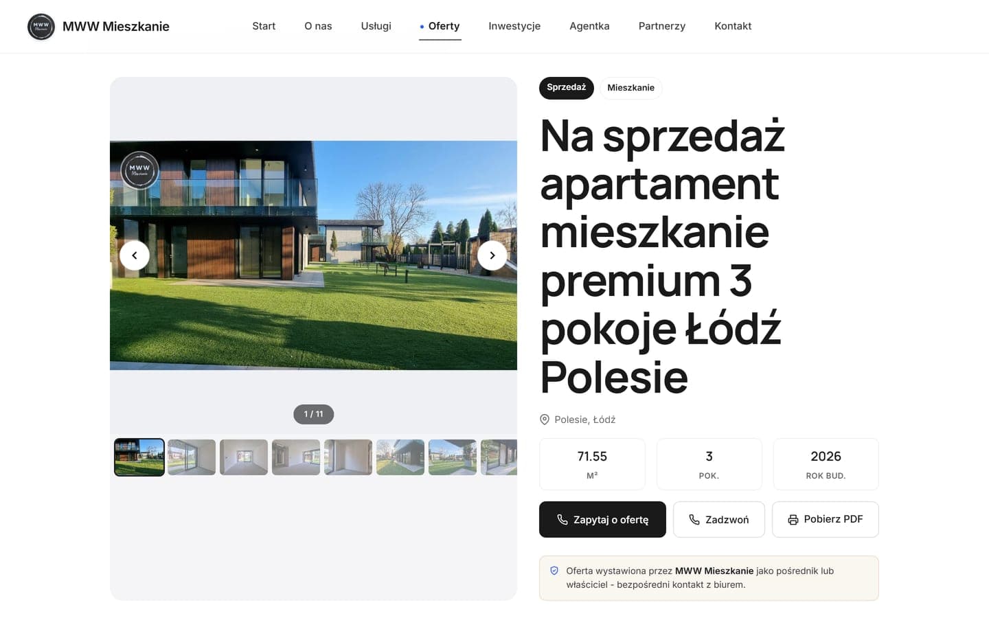 Karta oferty: galeria jedenastu zdjęć, metraż, liczba pokoi, rok budowy i przycisk pobrania karty w PDF