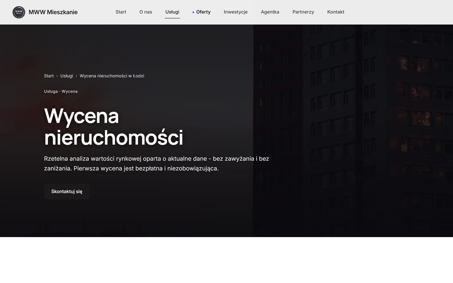 Podstrona usługi wyceny: nagłówek na tle wieczornej zabudowy, opis usługi i przycisk kontaktu